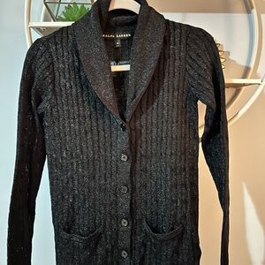 Ralph Lauren Women’s XS Extra Small Black Shimmer Button Collared Cardigan Shawl